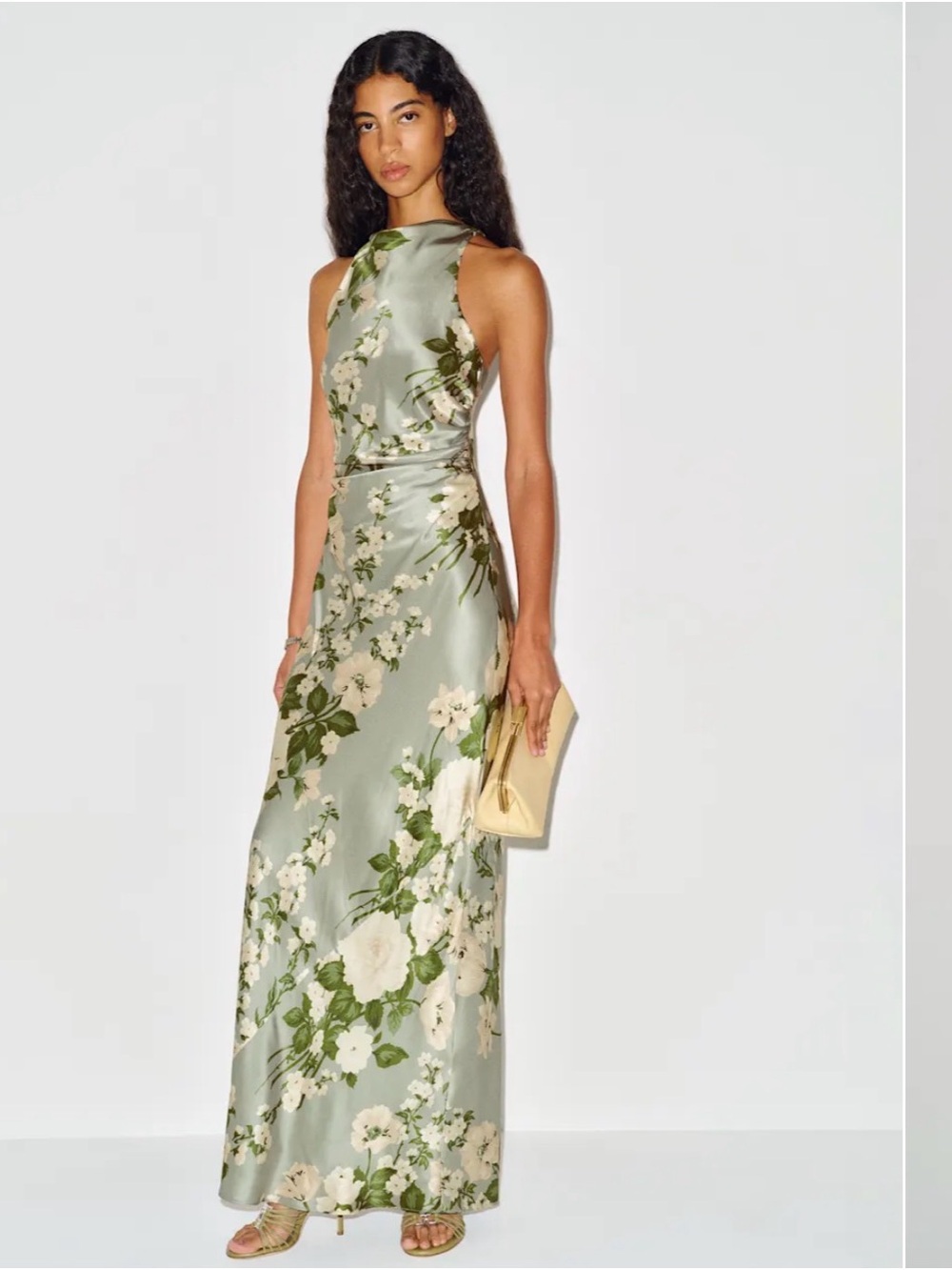 Reformation Sage Green Maxi Dress with Cream Floral Print
